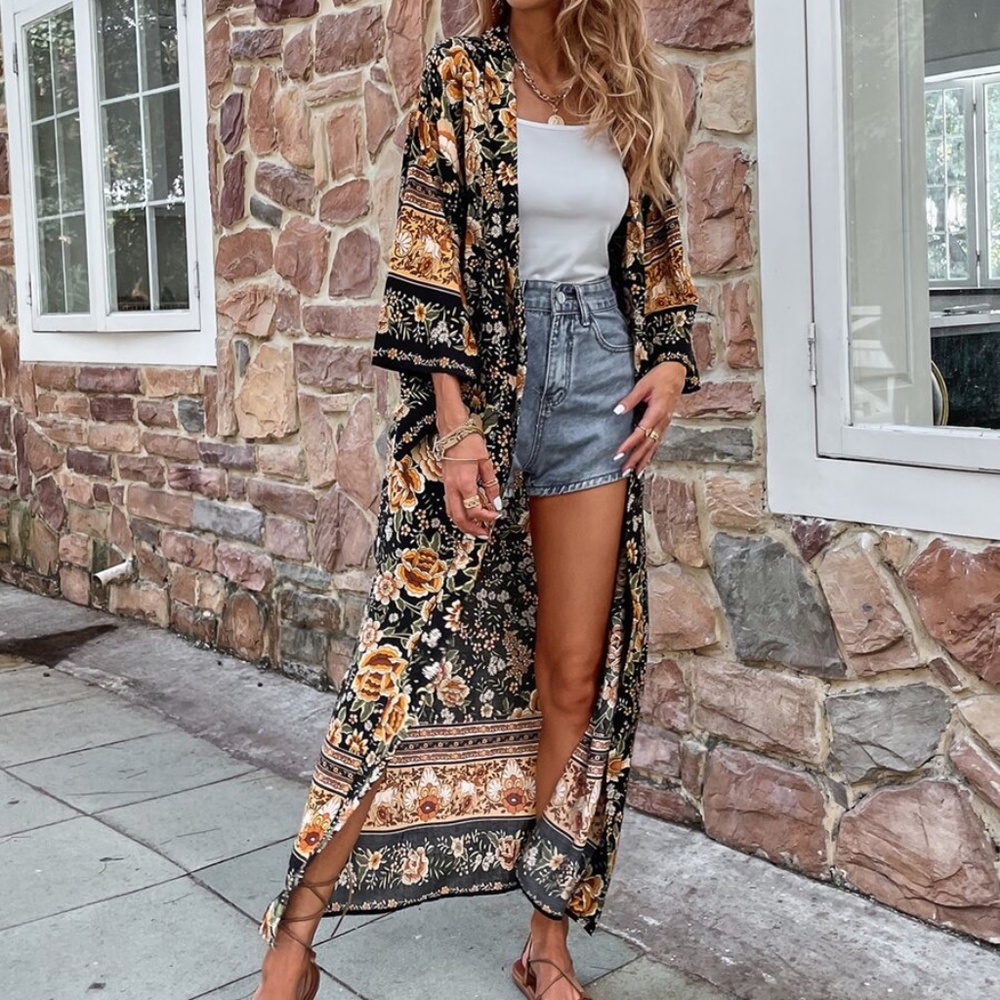 Boho Black Pink Floral Belted Long Kimono Cover up Beach - Picture 9 of 11